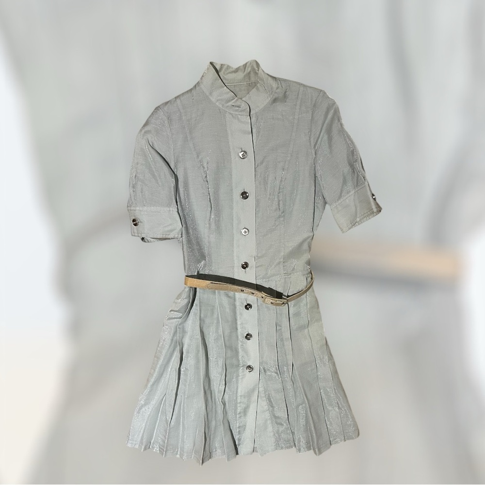Pink Tartan light blue gray dress with silver button and gold belt 
Size 6